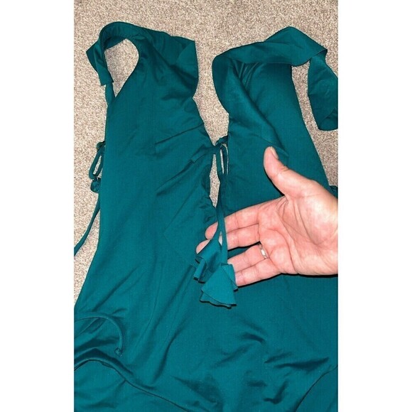 Becca Virtue L Green Blue Teal One Piece Swim Bathing Ruffle Socialite Plunge - Picture 5 of 7